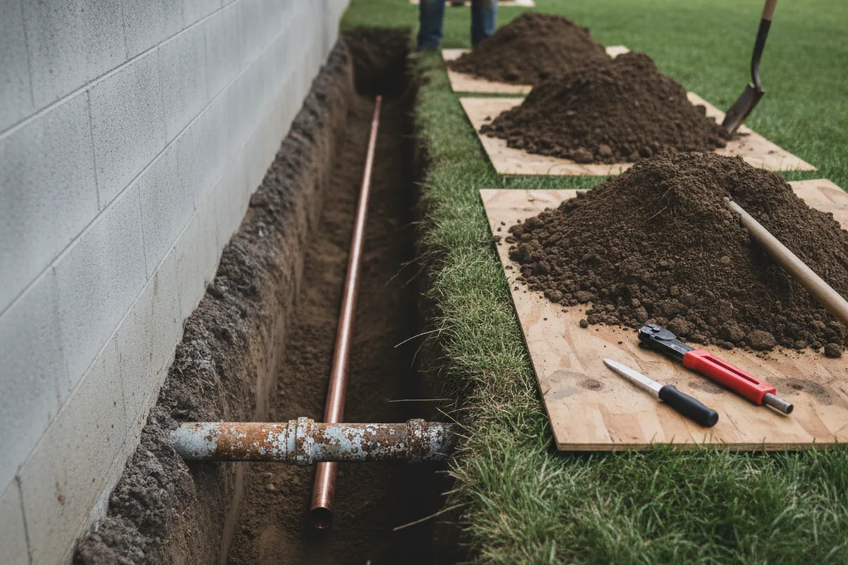 Excavated water line trench during Water Softener Installation in Santa Fe